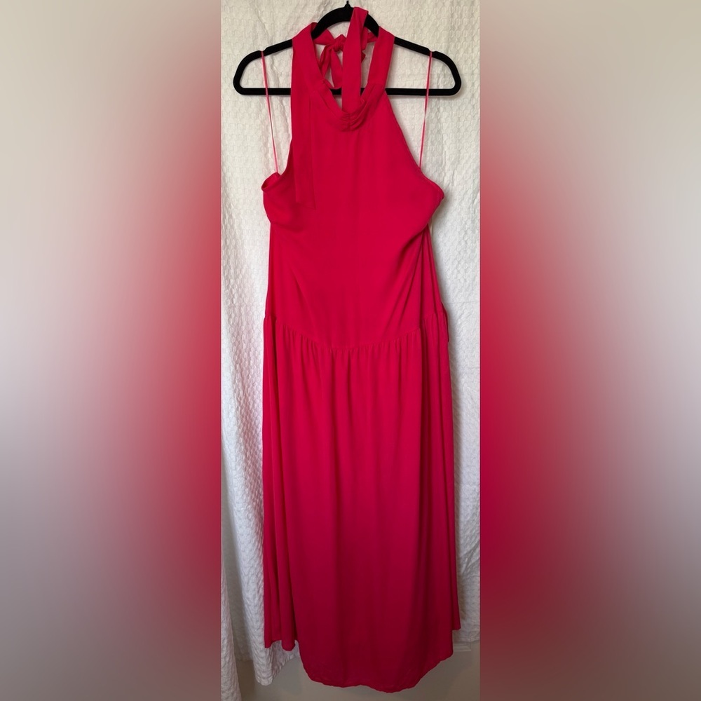 A New Day Hot Pink Halter Tie Neck Midi Dress Pockets Sleeveless Size L NWT - Picture 2 of 5